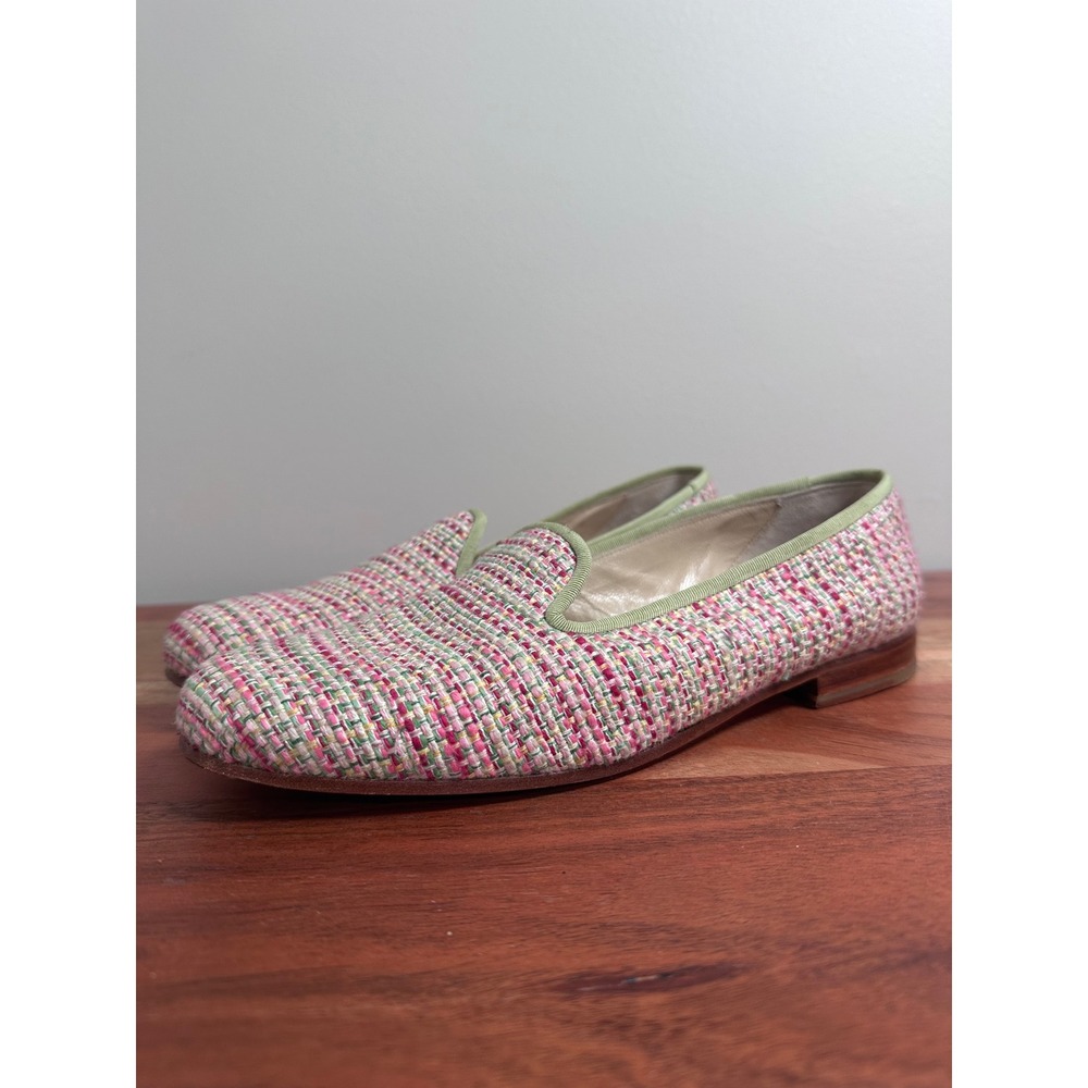 Stubbs & Wootton Tweed Loafers Women 8.5 Pink Green Preppy Smoking Slipper
